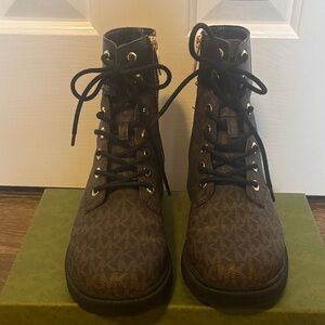 Michael Kors Brown Monogram Lace-Up combat Boots